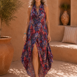 Degaje Cowl Neck Front Slit Dress - Red Pattern