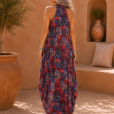 Degaje Cowl Neck Front Slit Dress - Red Pattern