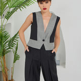 V Button Vest - Gray Black