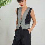 V Button Vest - Gray Black