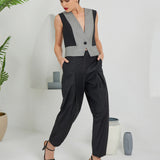 V Button Vest - Gray Black