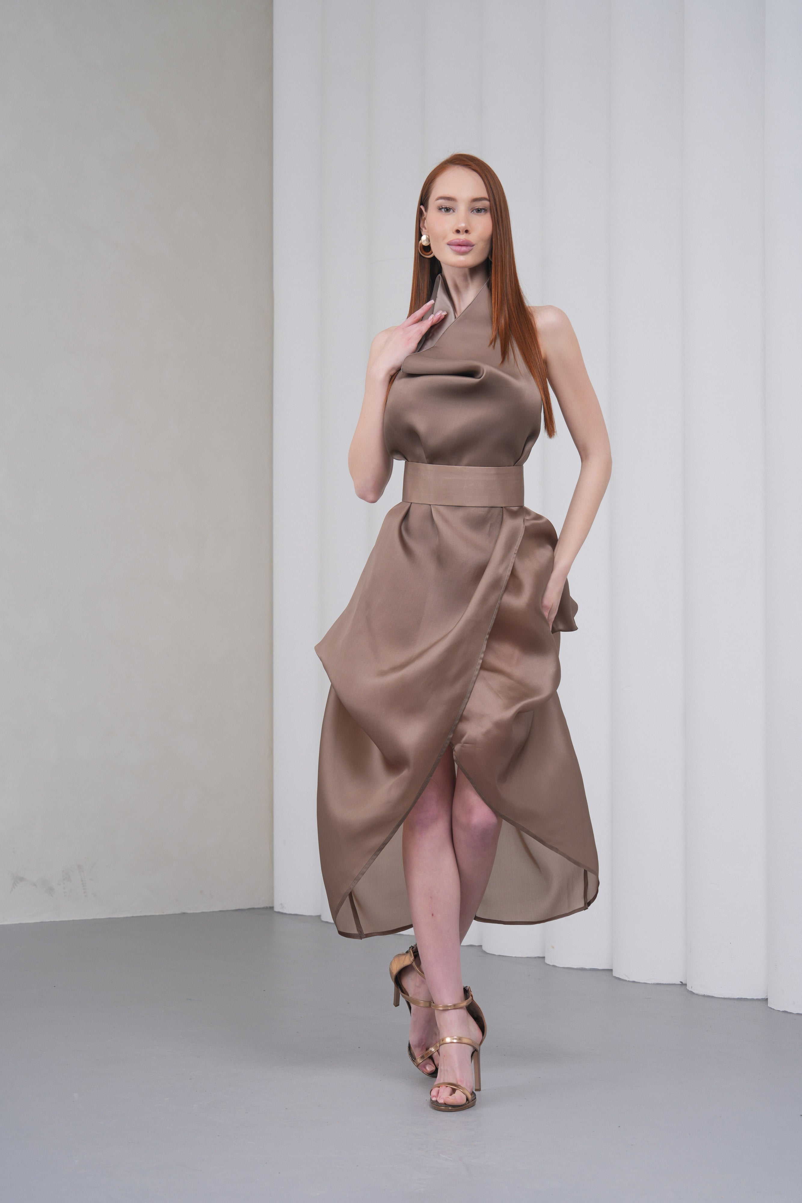 semi formal designer dresses Leely Women Sparkly Blue Midi Beaded Wedding Guest Dress Satin Jewel Neck A Line Semi-Formal Dress