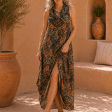 Degaje Cowl Neck Front Slit Dress - Green Pattern