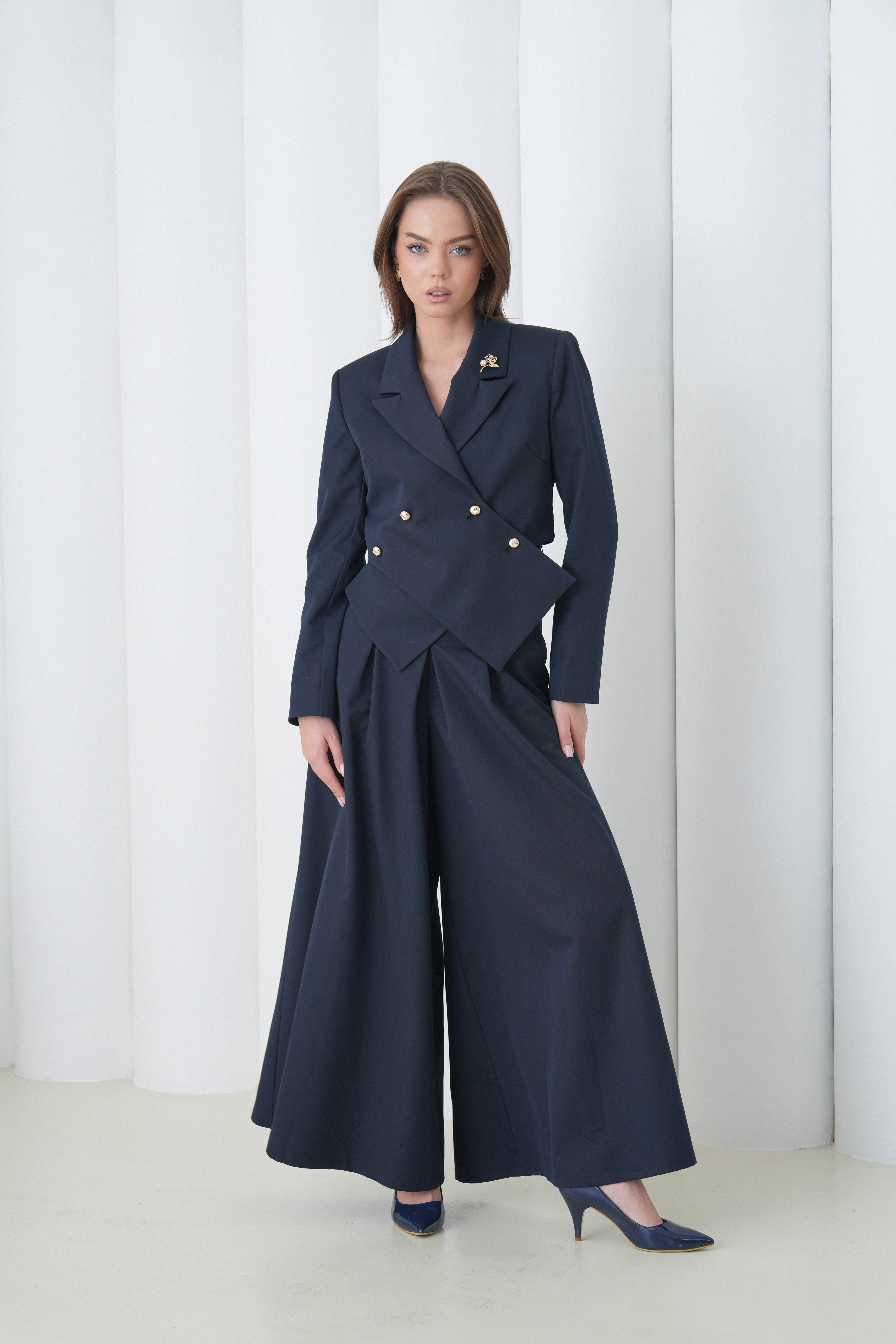 Sovereign Crop Jacket by Lumina Eligma – luxury cropped merino wool jacket with architectural tailoring