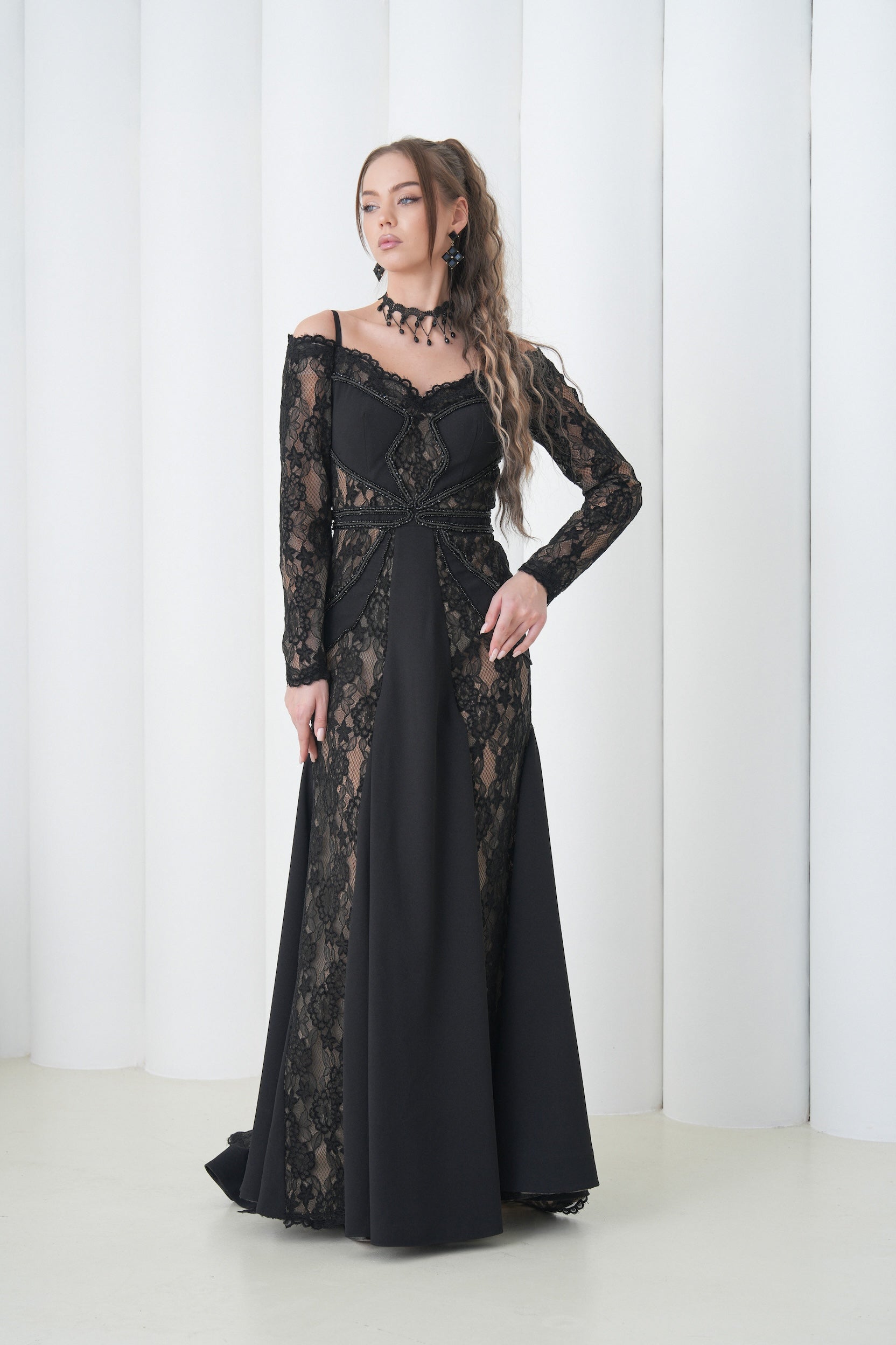 Shadow Lace Symphony Dress by Lumina Eligma – luxury French lace off-shoulder evening gown with sculpted silhouette