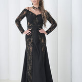 Shadow Lace Symphony Dress by Lumina Eligma – luxury French lace off-shoulder evening gown with sculpted silhouette