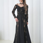 Shadow Lace Symphony Dress by Lumina Eligma – luxury French lace off-shoulder evening gown with sculpted silhouette