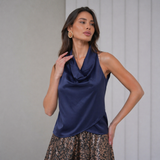Cascade Silk Cowl Top - Navy Midnight