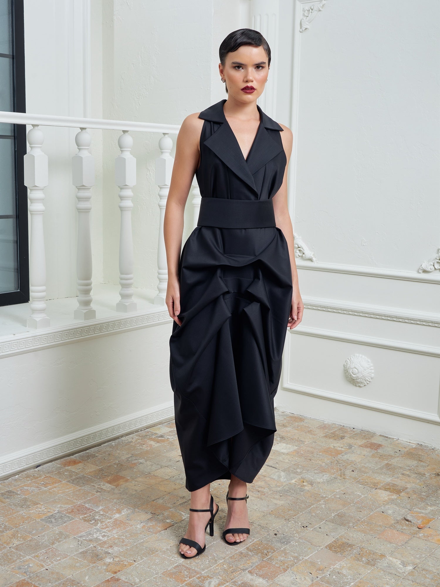 Tuxedo Dress by Lumina Eligma – luxury black tuxedo-inspired evening dress in merino wool and silk