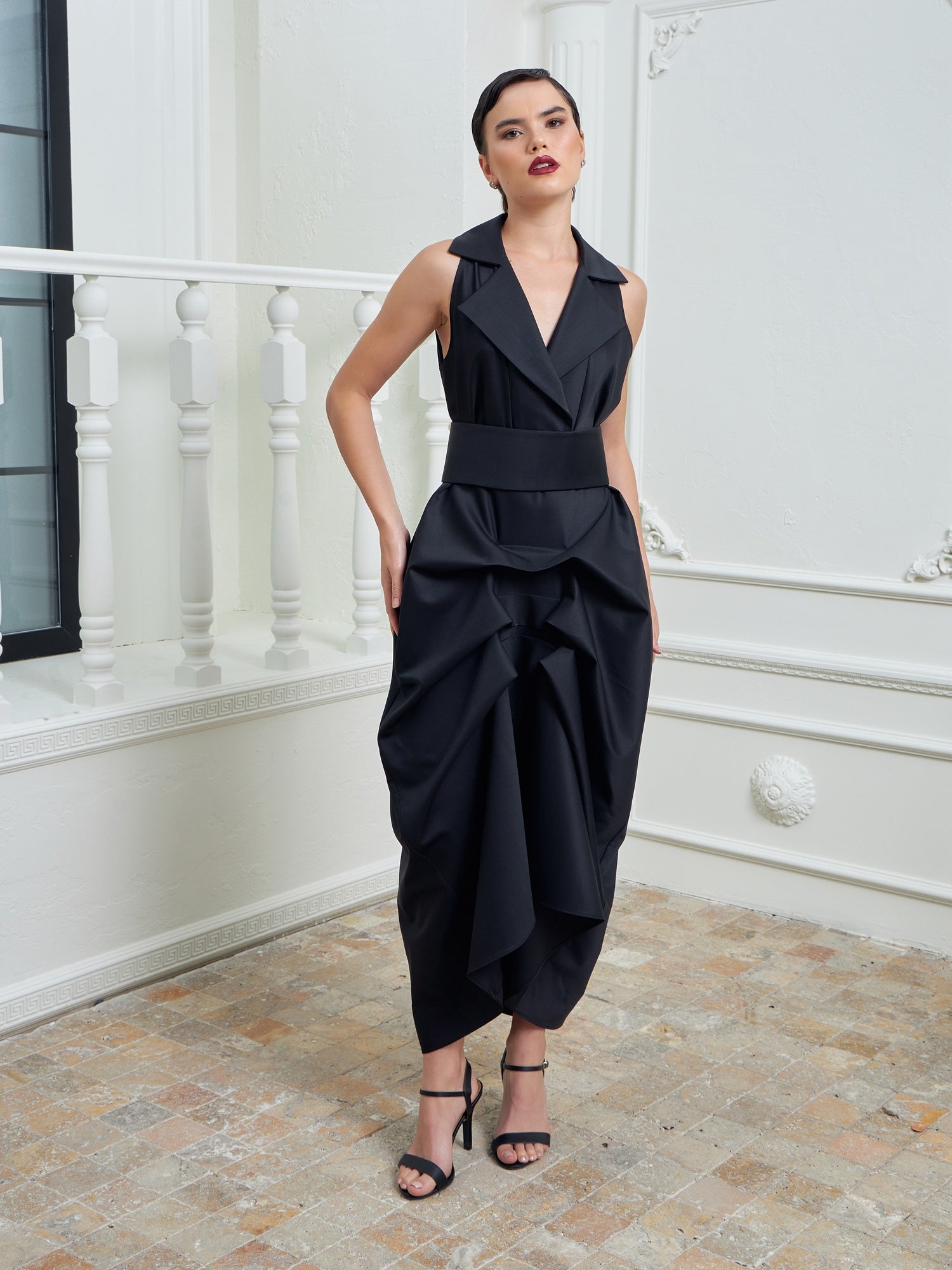 Tuxedo Dress by Lumina Eligma – luxury black tuxedo-inspired evening dress in merino wool and silk