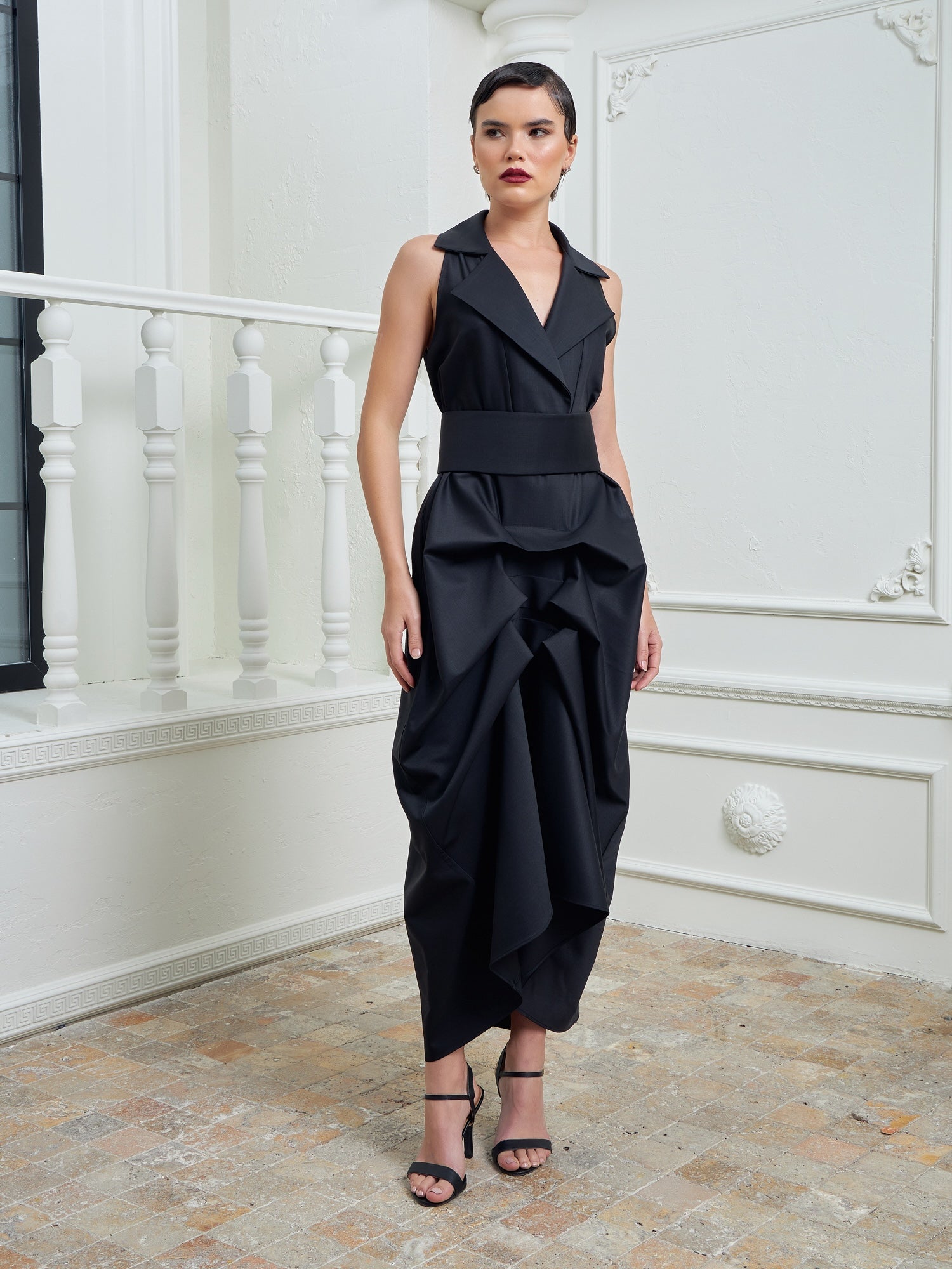 Tuxedo Dress by Lumina Eligma – luxury black tuxedo-inspired evening dress in merino wool and silk
