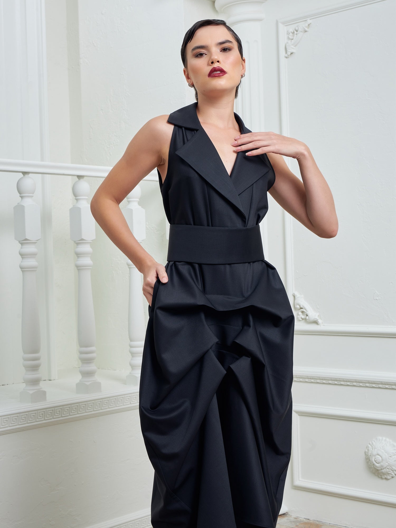 Tuxedo Dress by Lumina Eligma – luxury black tuxedo-inspired evening dress in merino wool and silk