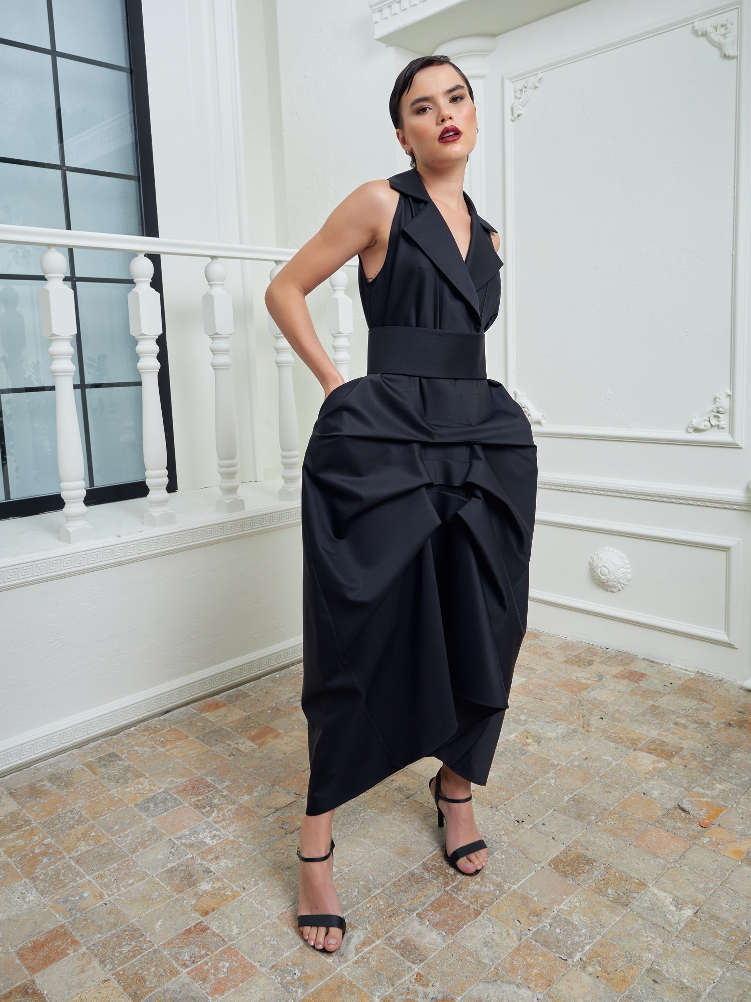 Tuxedo Dress by Lumina Eligma – luxury black tuxedo-inspired evening dress in merino wool and silk