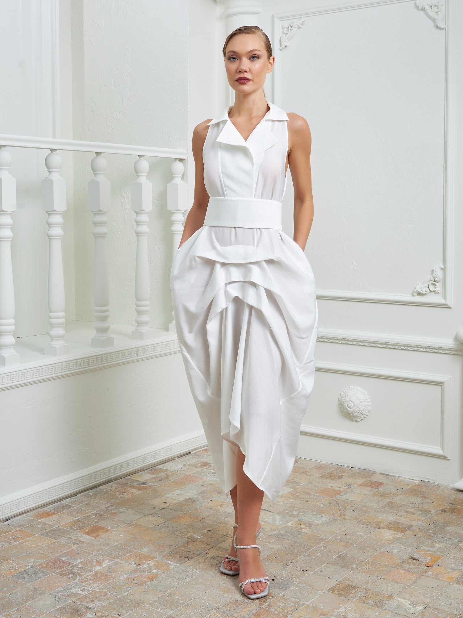 Tuxedo Dress by Lumina Eligma – luxury white tuxedo-inspired evening dress in silk and viscose