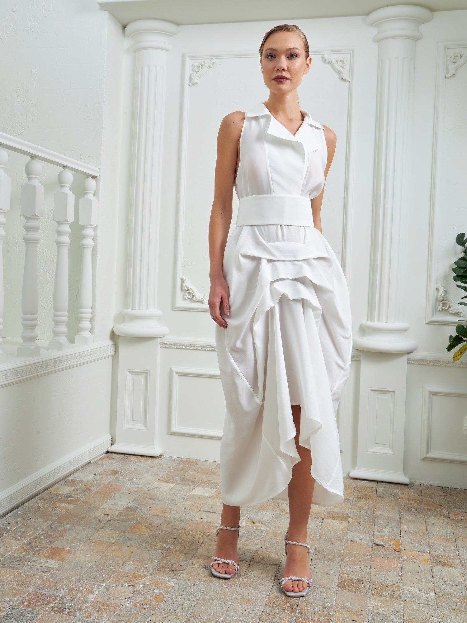 Tuxedo Dress by Lumina Eligma – luxury white tuxedo-inspired evening dress in silk and viscose