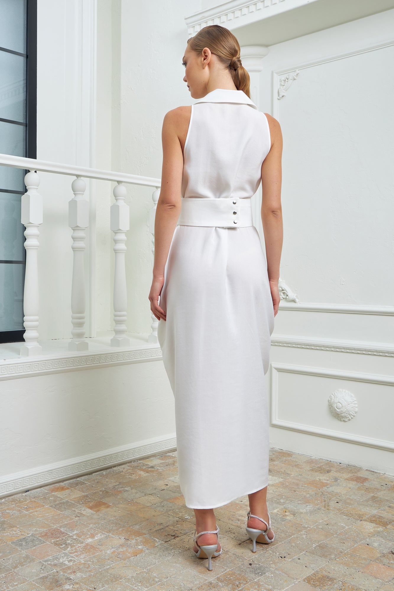 Tuxedo Dress by Lumina Eligma – luxury white tuxedo-inspired evening dress in silk and viscose