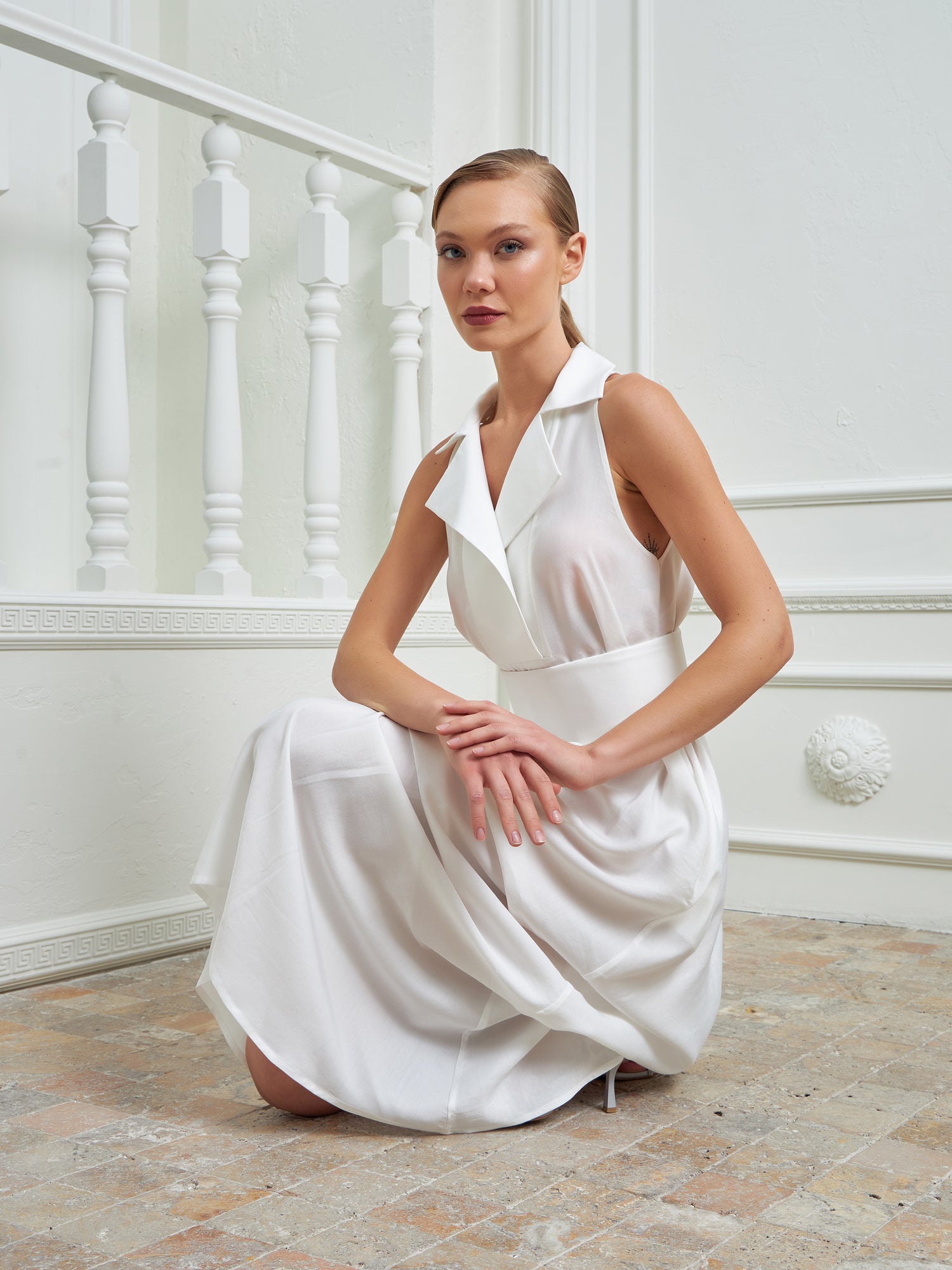floor length tuxedo dress Sleeveless Crepe Tuxedo Gown (Women)