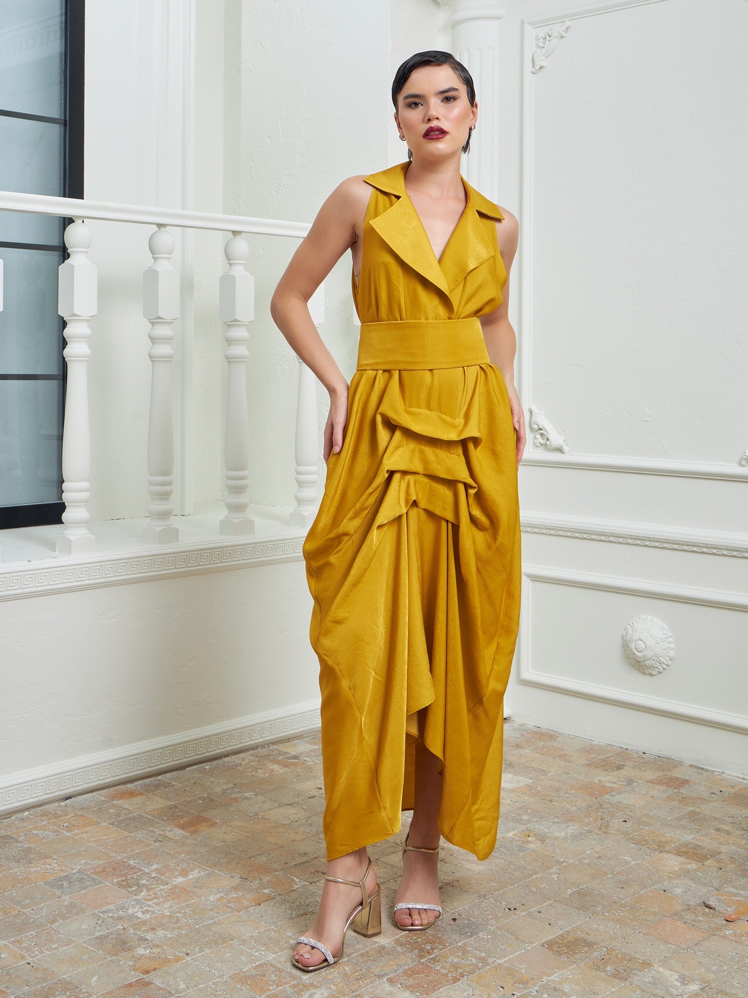 Tuxedo Dress by Lumina Eligma – luxury mustard tuxedo-inspired evening dress in silk and viscose