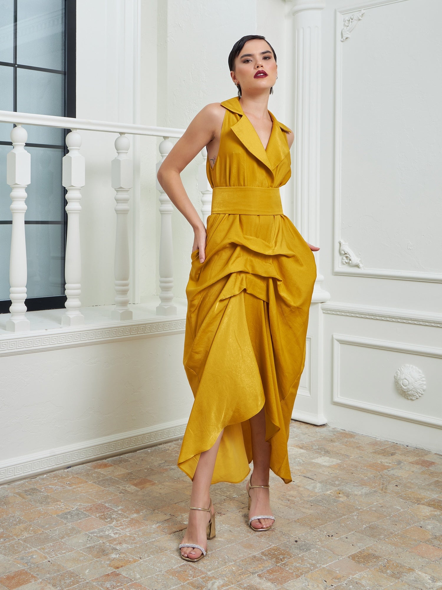 Tuxedo Dress by Lumina Eligma – luxury mustard tuxedo-inspired evening dress in silk and viscose