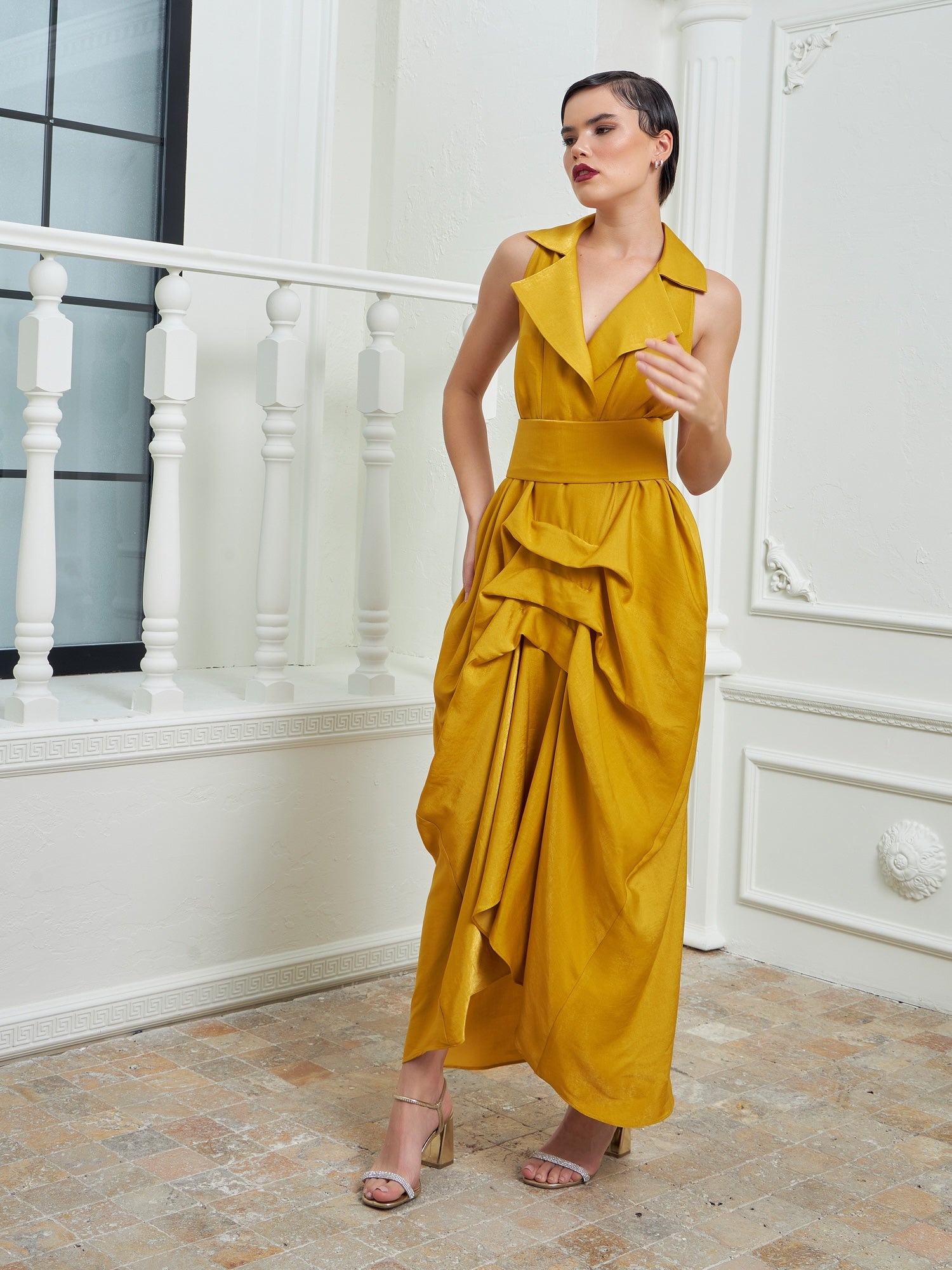 Tuxedo Dress by Lumina Eligma – luxury mustard tuxedo-inspired evening dress in silk and viscose