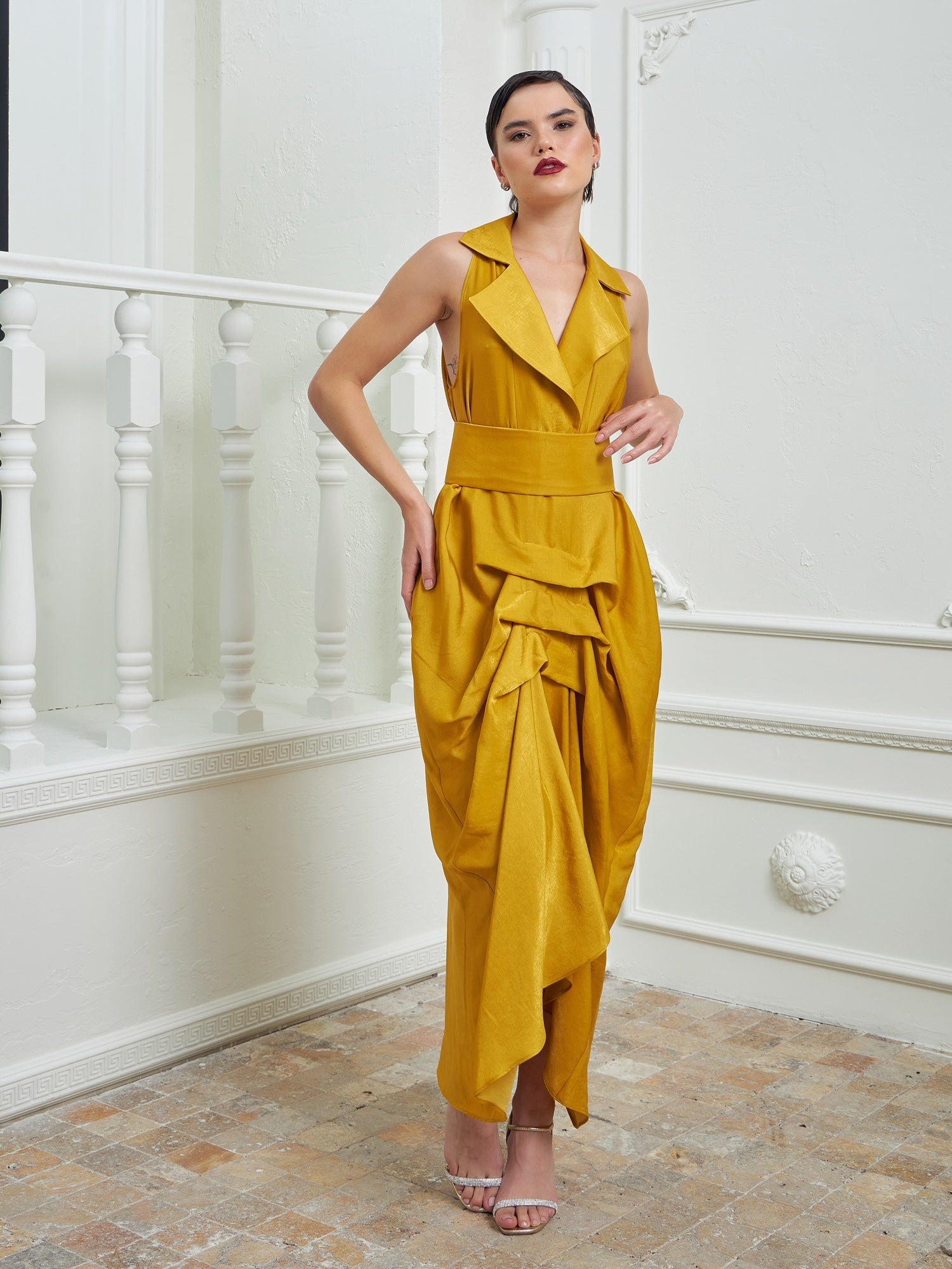 Tuxedo Dress by Lumina Eligma – luxury mustard tuxedo-inspired evening dress in silk and viscose