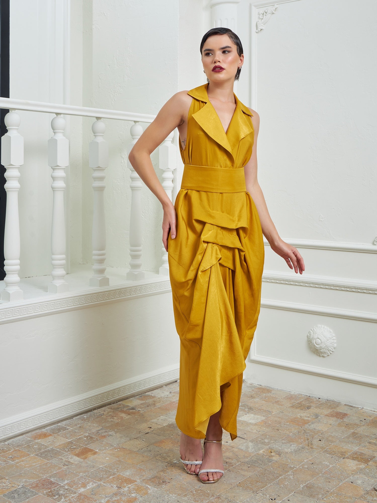 Tuxedo Dress by Lumina Eligma – luxury mustard tuxedo-inspired evening dress in silk and viscose