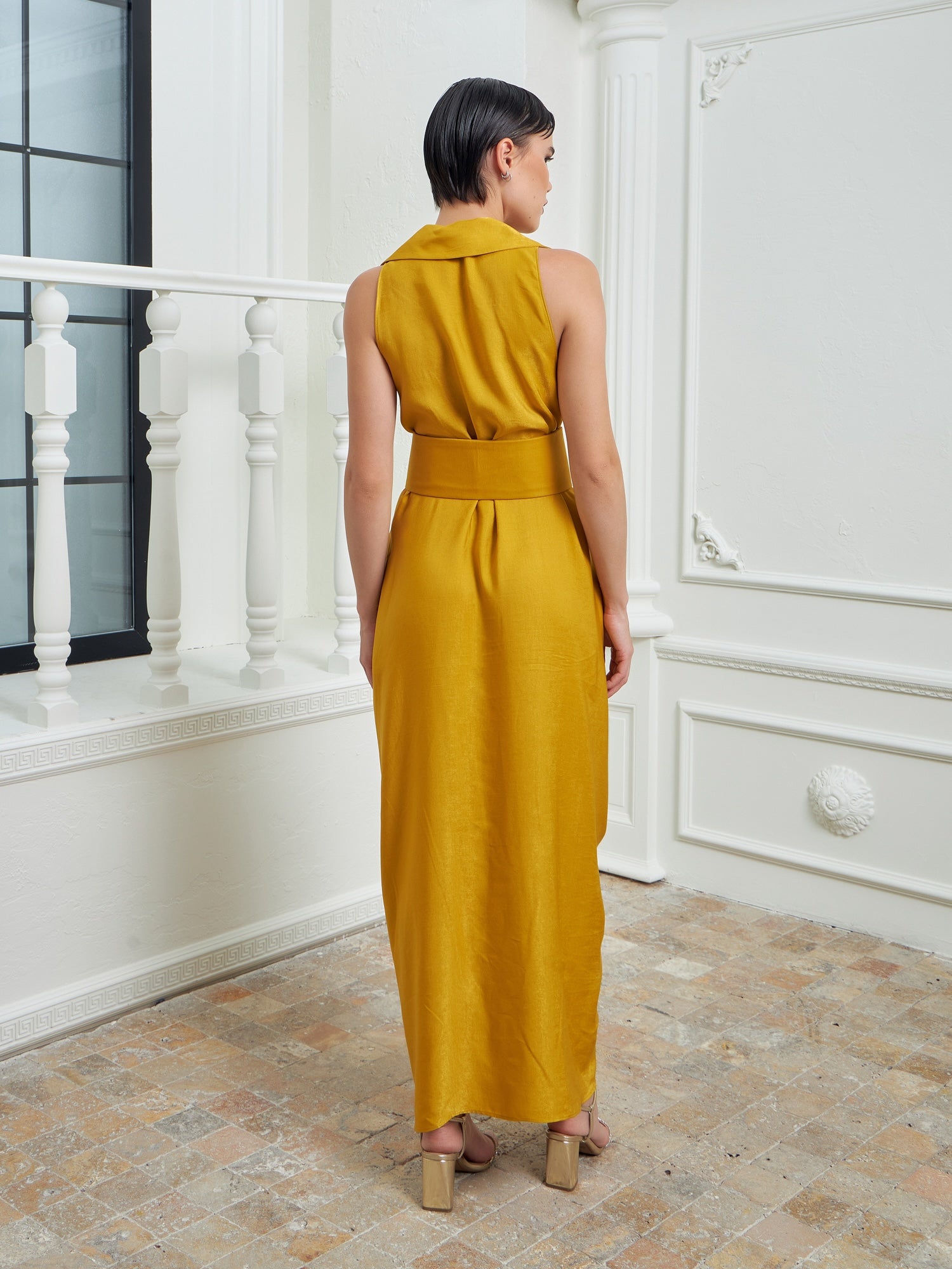 Tuxedo Dress by Lumina Eligma – luxury mustard tuxedo-inspired evening dress in silk and viscose