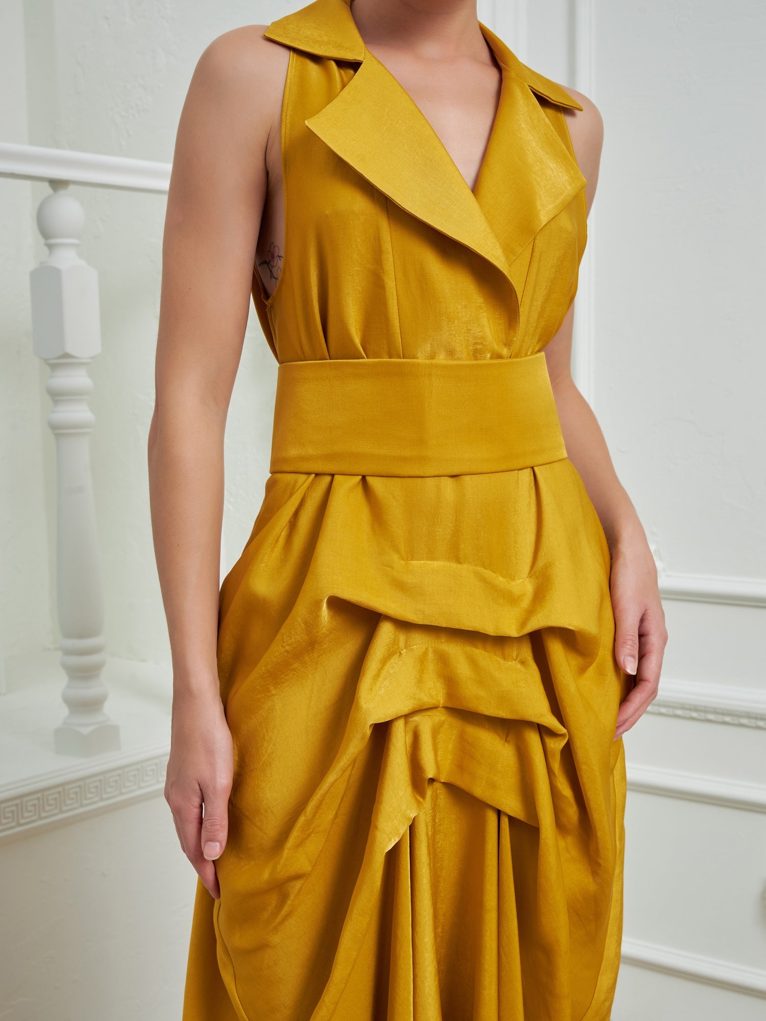 Tuxedo Dress by Lumina Eligma – luxury mustard tuxedo-inspired evening dress in silk and viscose
