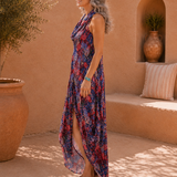 Degaje Cowl Neck Front Slit Dress - Red Pattern