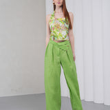 The Halterline Linen Blouse - Green Floral