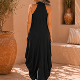 Degaje Cowl Neck Front Slit Dress - Black
