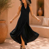 Degaje Cowl Neck Front Slit Dress - Black