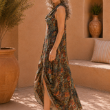 Degaje Cowl Neck Front Slit Dress - Green Pattern