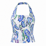 The Halterline Linen Blouse - Blue Paisley