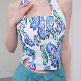 The Halterline Linen Blouse - Blue Paisley