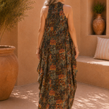 Degaje Cowl Neck Front Slit Dress - Green Pattern