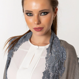 Poncho Embroidered Cashmere Silk Lace - Light Sepia Gray Blue