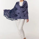 Embroidery Lace Edges Cashmere & Silk - Gray Navy