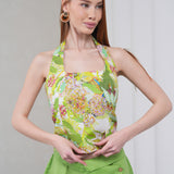The Halterline Linen Blouse - Green Floral