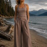 The Wrapline Linen Trouser - Coffee