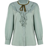 Silk Knot Ruffle Shirt - Cream Sage