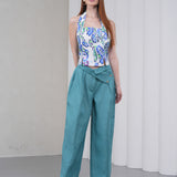 The Halterline Linen Blouse - Blue Paisley