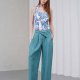 The Halterline Linen Blouse - Blue Paisley