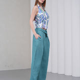 The Halterline Linen Blouse - Blue Paisley