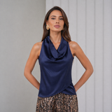 Cascade Silk Cowl Top - Navy Midnight