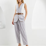 Edges Belted Vest - Light Gray & White