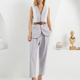 Edges Belted Vest - Light Gray & White
