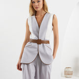 Edges Belted Vest - Light Gray & White