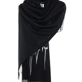 Heart Beat Embroidered Shawl with Faux Fur Pon Pons - Black