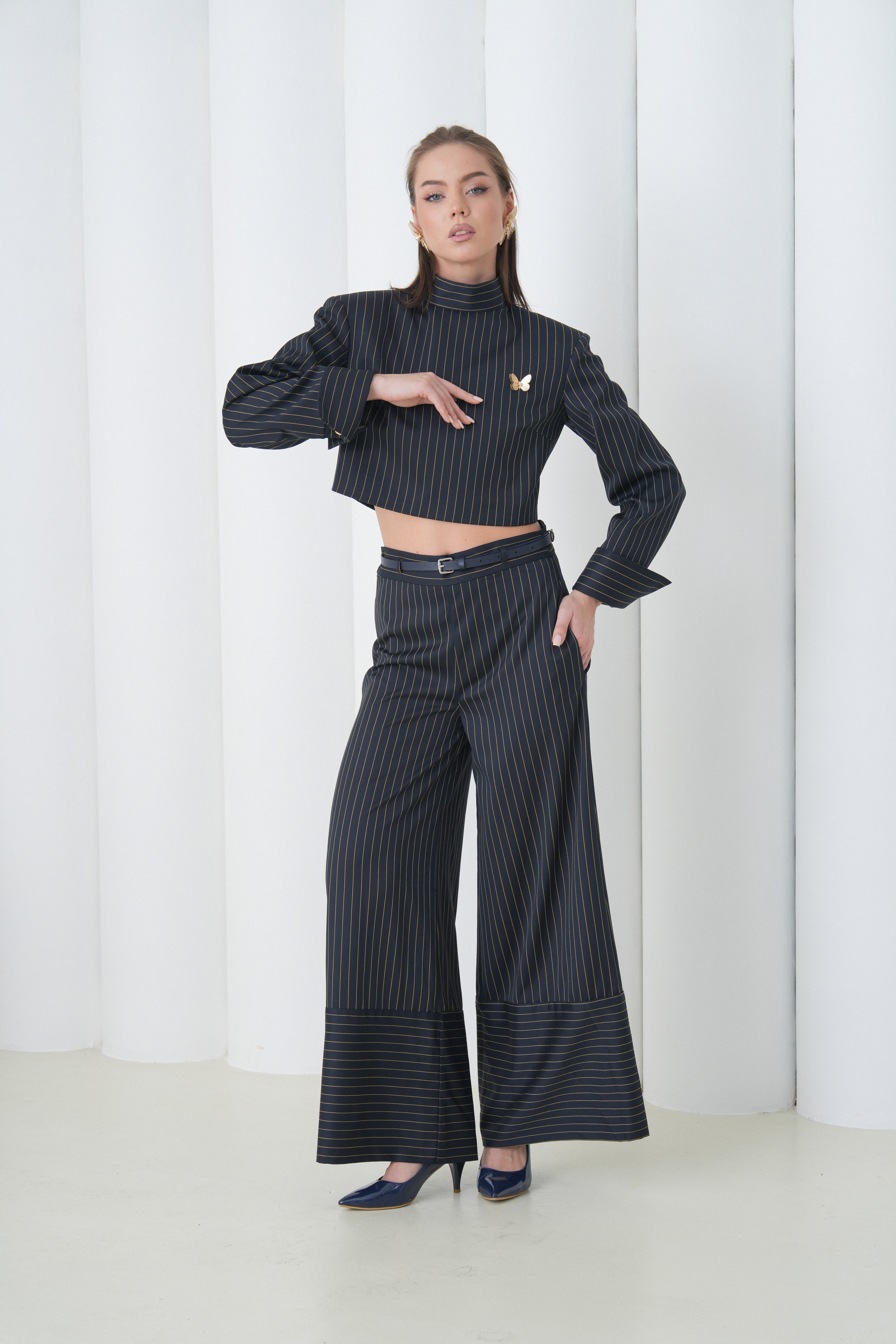 Pinstripe Architect Set by Lumina Eligma – luxury merino wool pinstripe suit with architectural tailoring